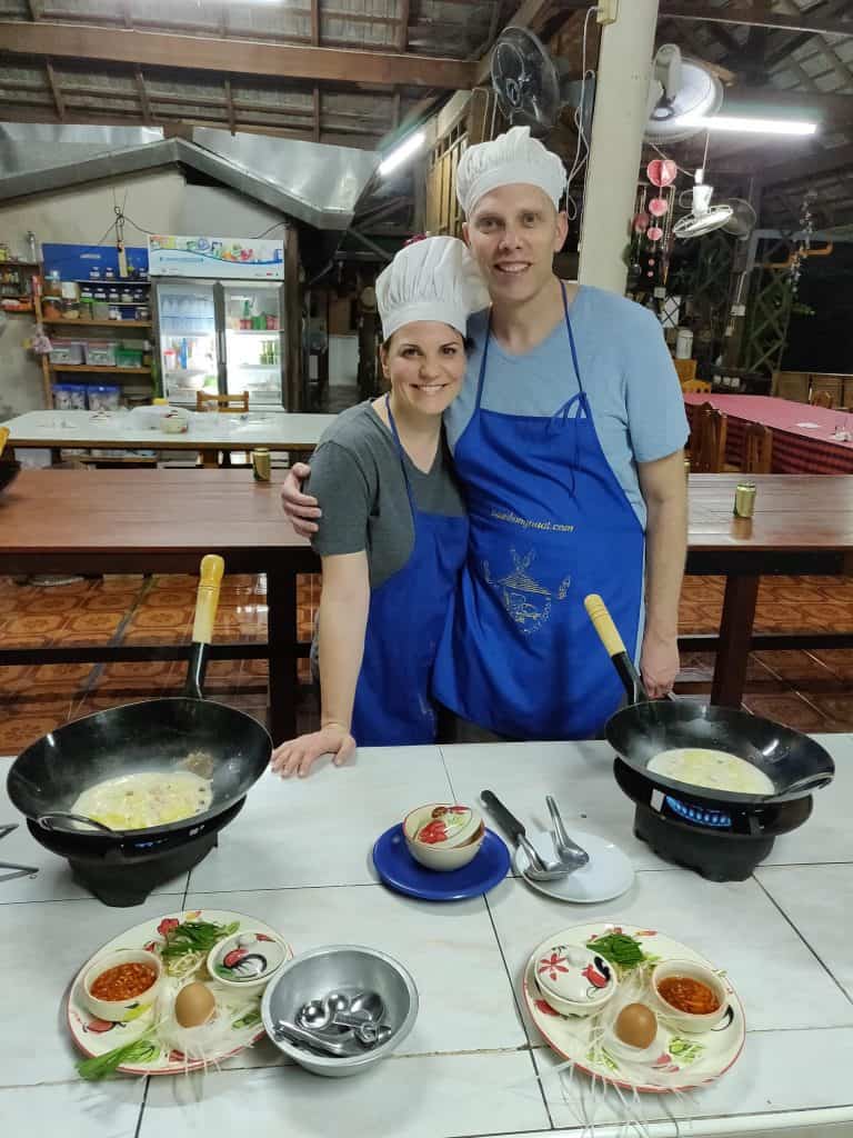 Dusti and John cooking at Baan Hongnual Cookery