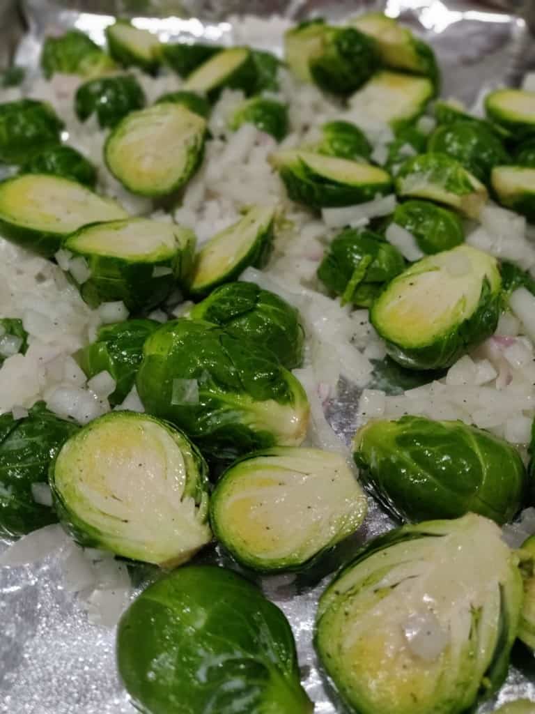 Sliced Brussels Sprouts on baking pan