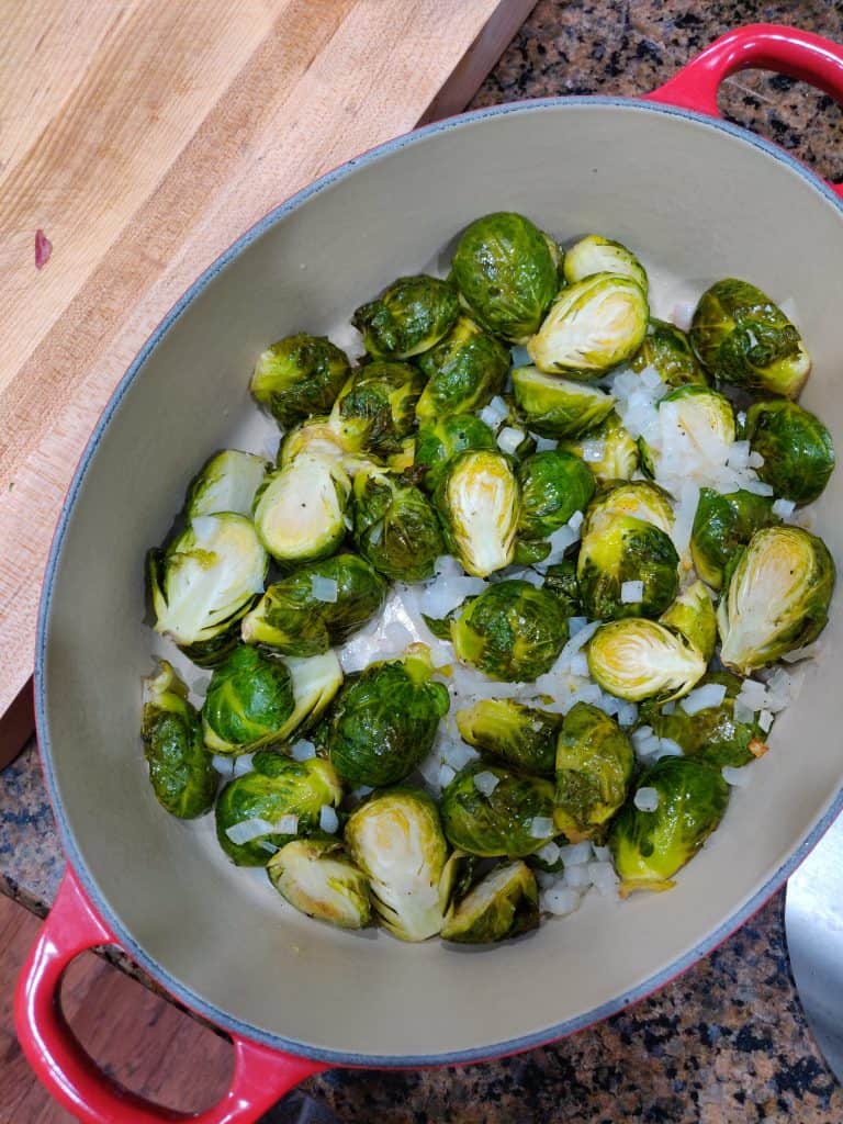 Brussels Sprouts and Onions in pan