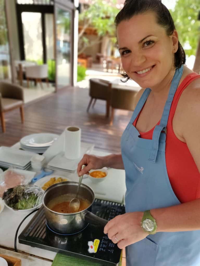 Dusti in cooking class at Outrigger Resort in Ko Samui Thailand