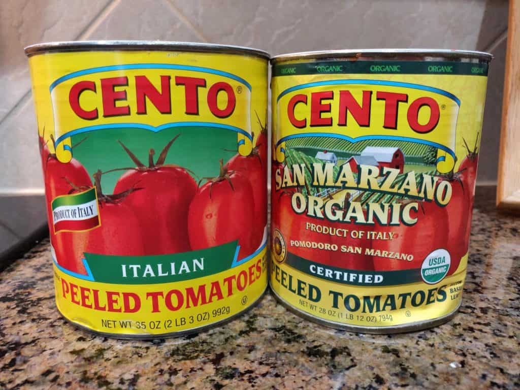 Canned Cento Tomatoes on counter