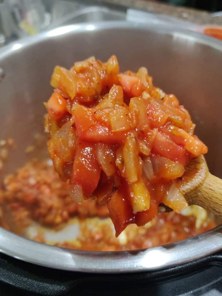 Onions, garlic and tomatoes on a spoon