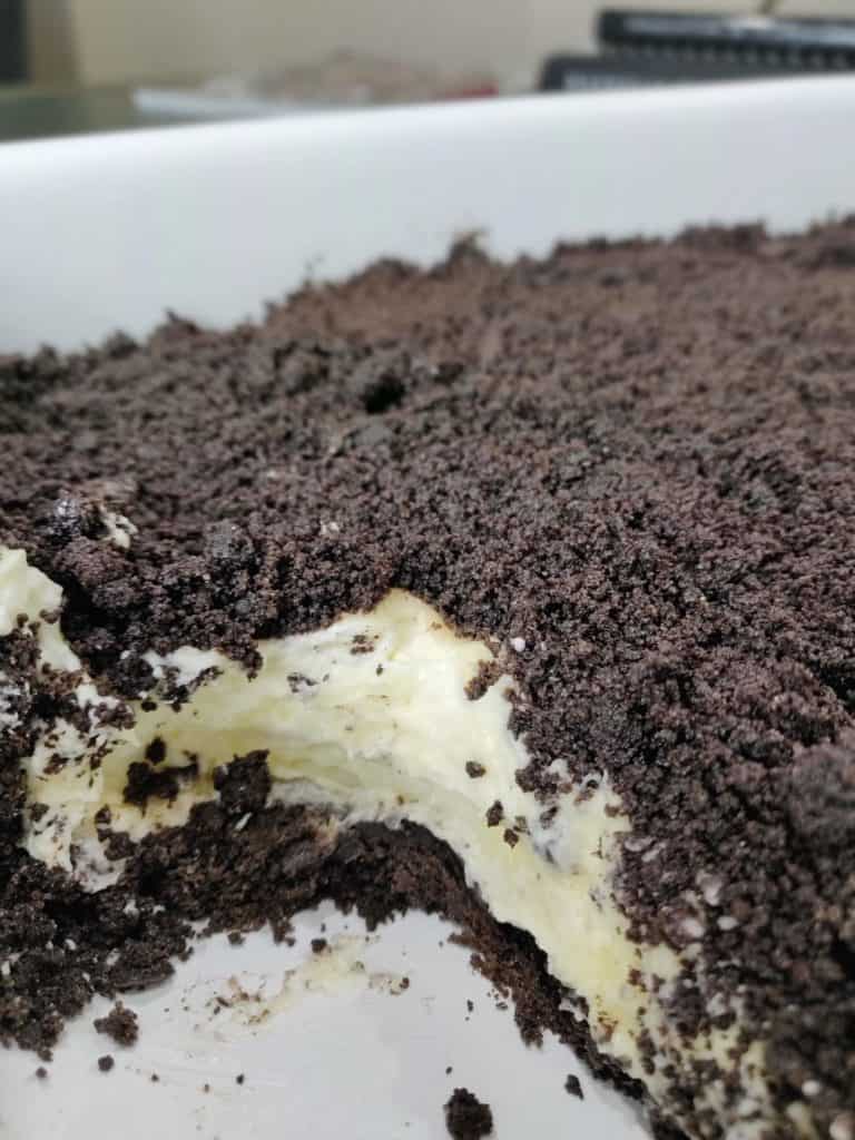 Inside of a dirt cake