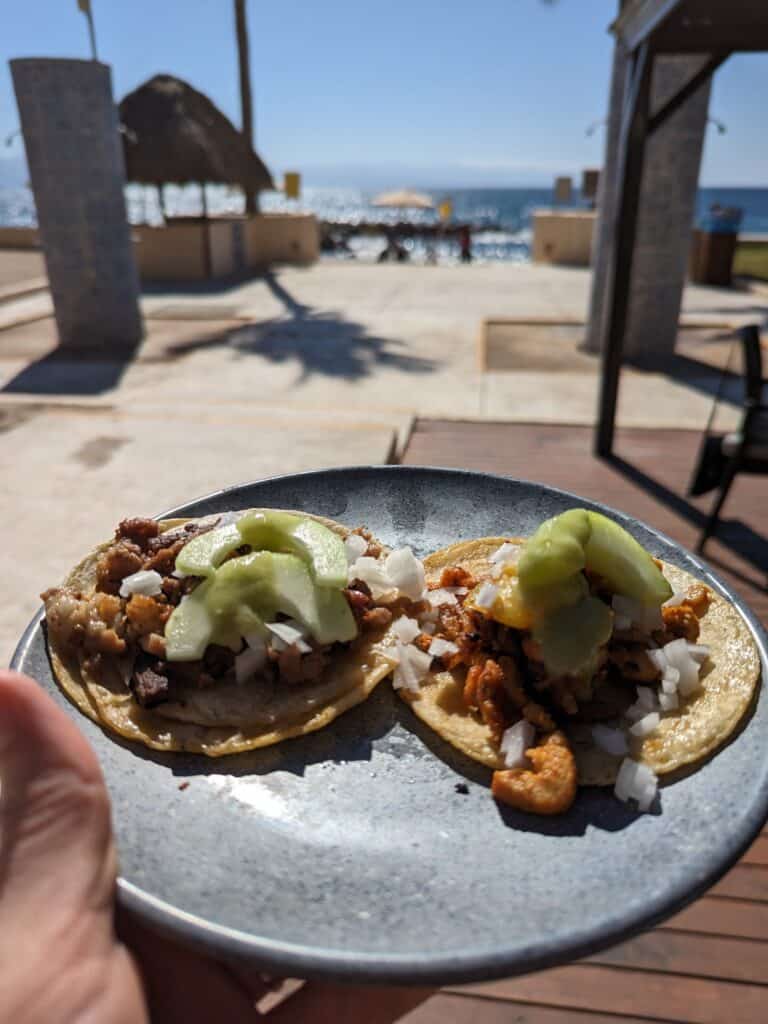 Two tacos on a plate with the ocean in the background