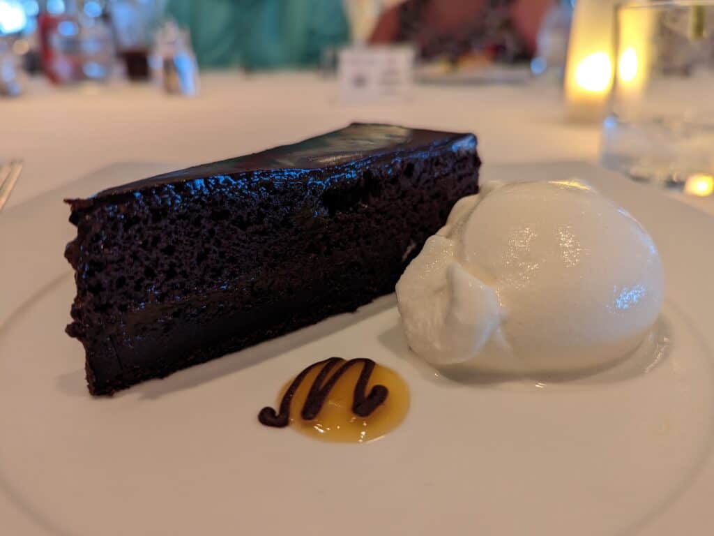 Slice of Chocolate cake and vanilla ice cream