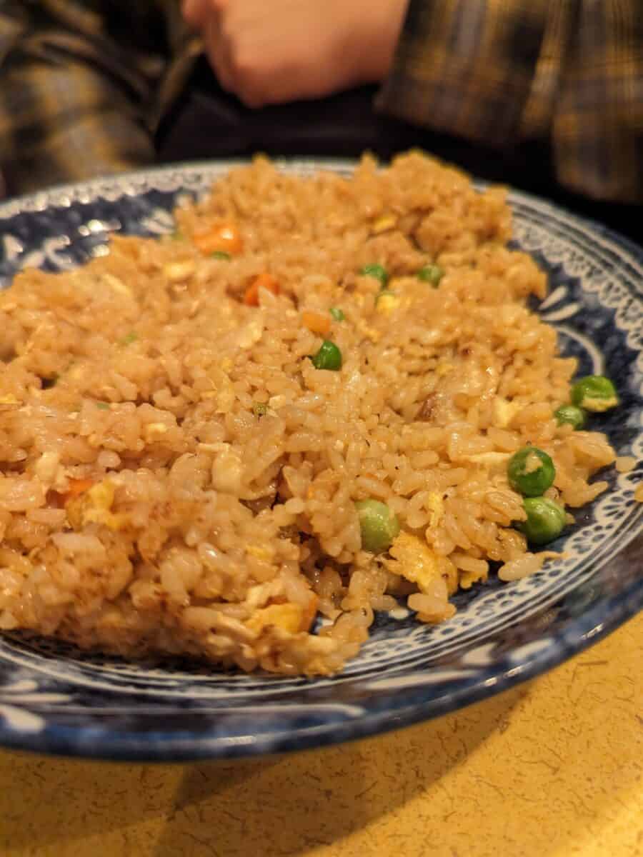 fried rice in blue and white bowl